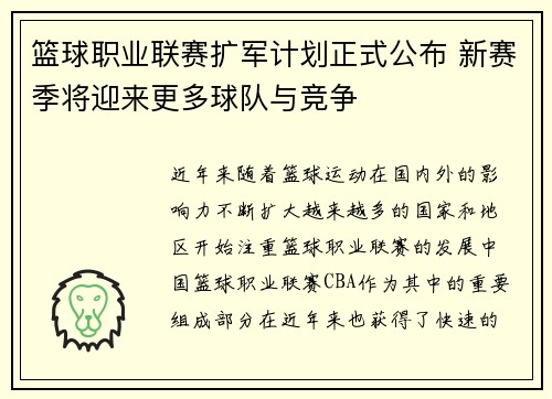 篮球职业联赛扩军计划正式公布 新赛季将迎来更多球队与竞争